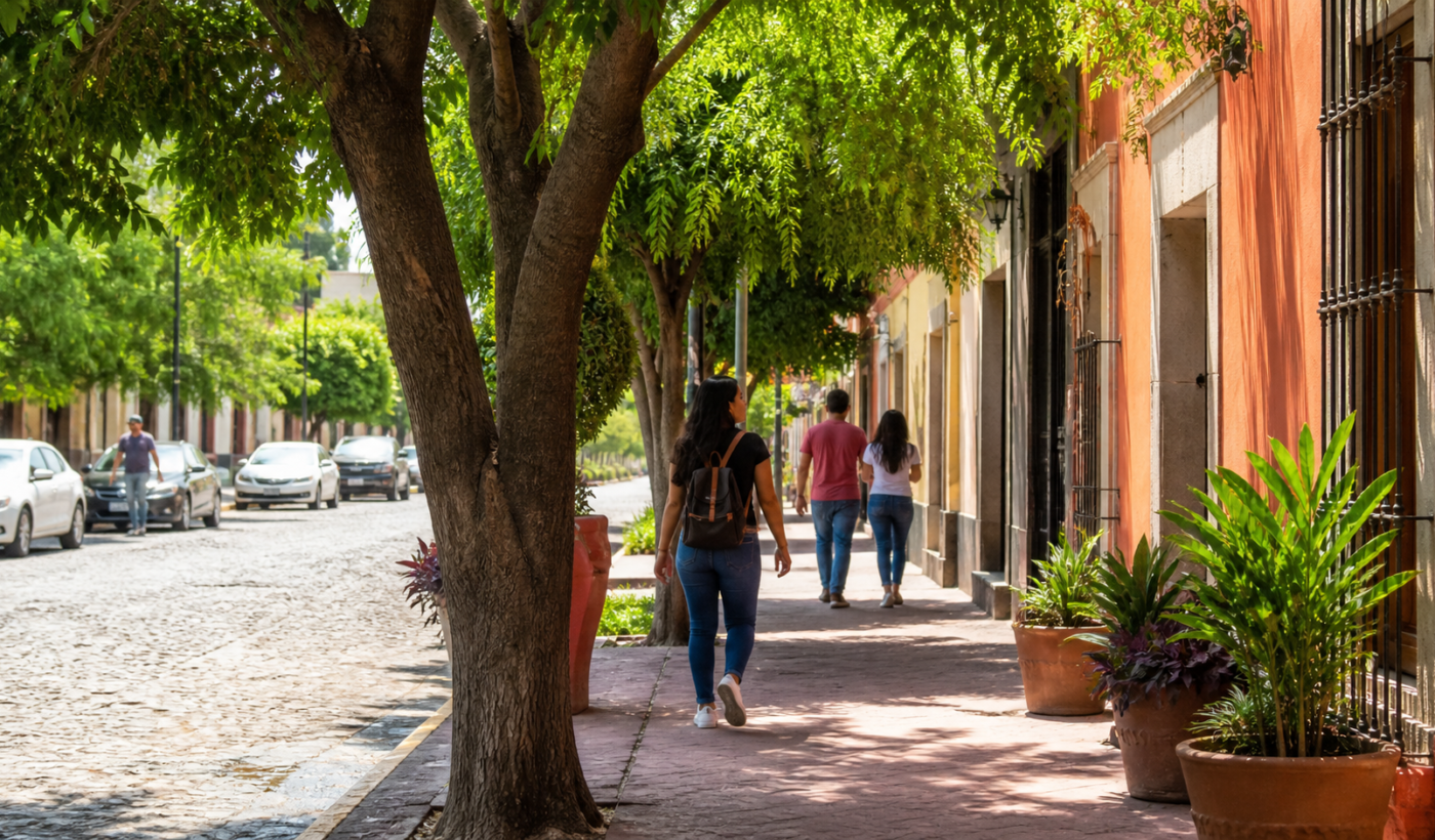 Calle urbana con árboles maduros que proyectan sombra sobre peatones, vehículos y una banqueta de concreto.