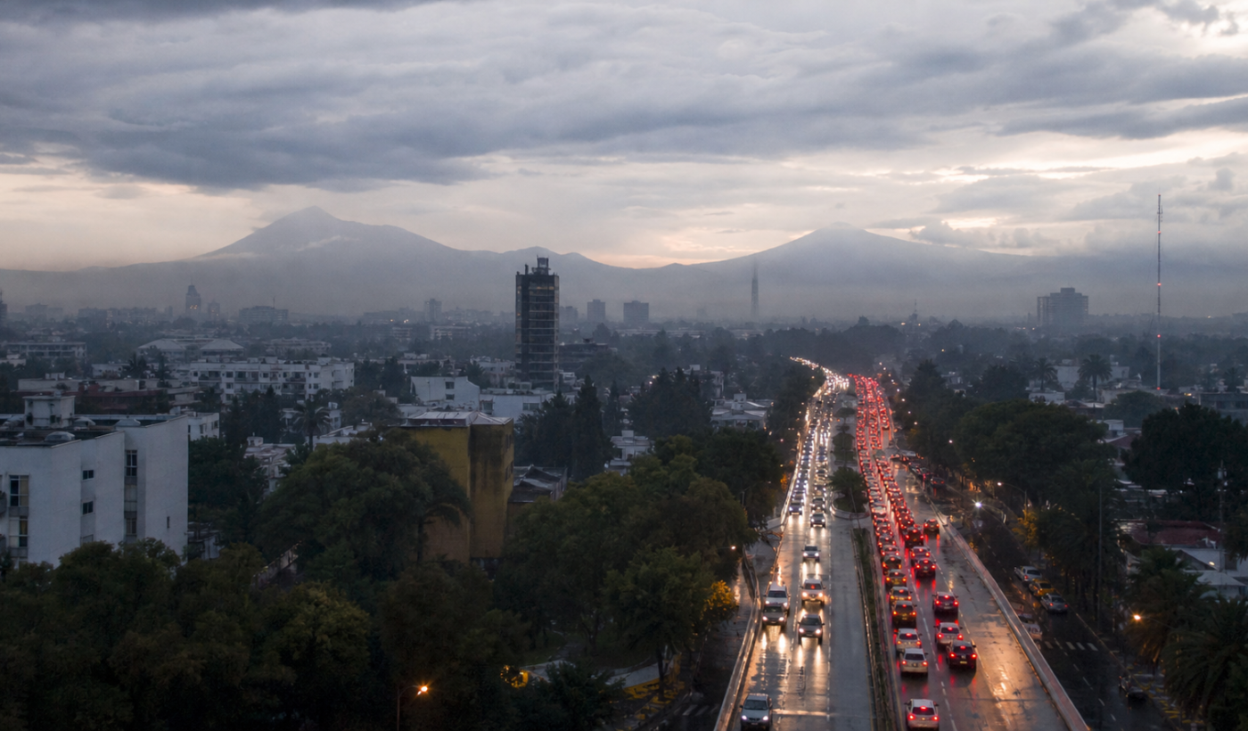Tráfico vehicular en una avenida de la Ciudad de México al amanecer, con pavimento mojado y cielo nublado.