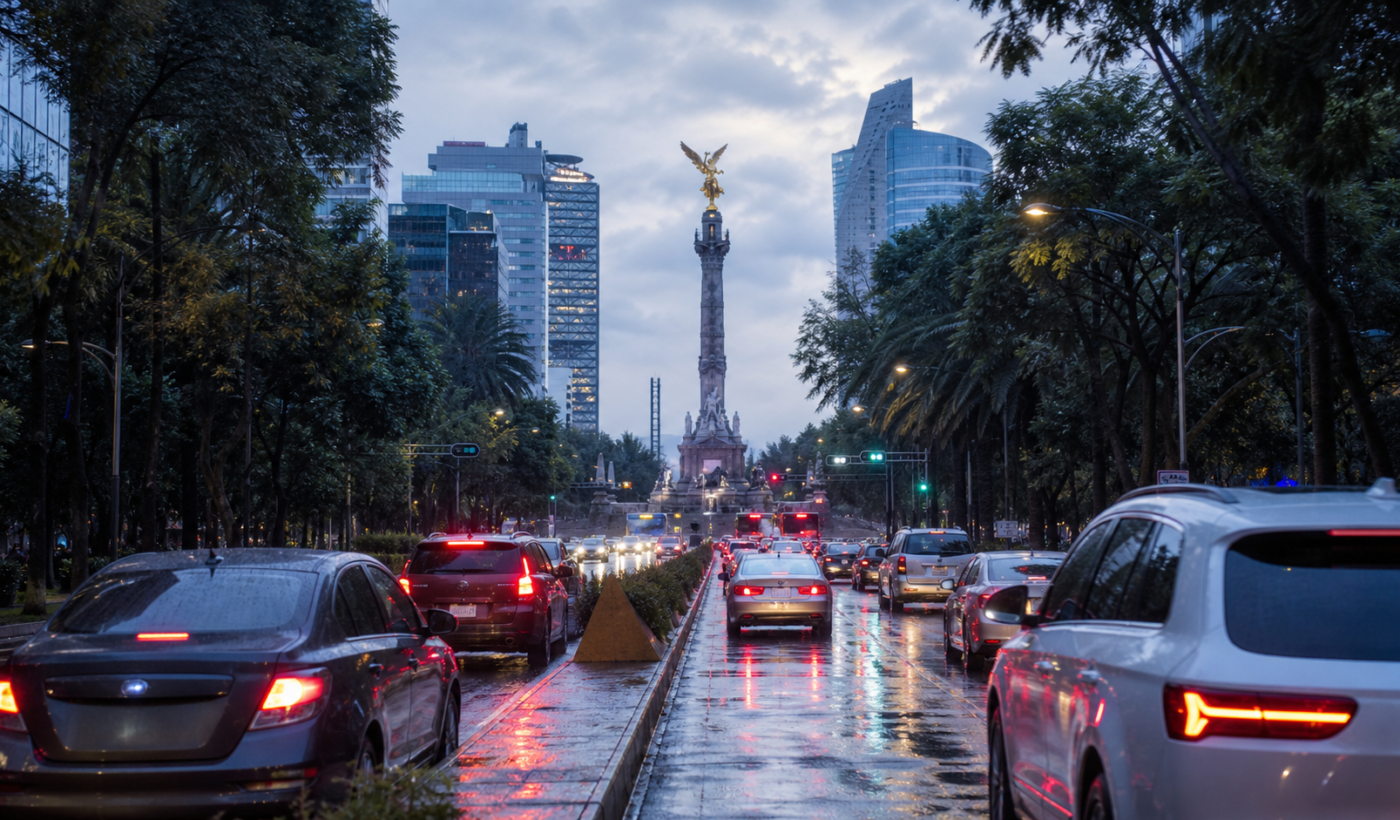 Avenida de la Ciudad de México con tráfico matutino, pavimento mojado y cielo nublado tras la lluvia.