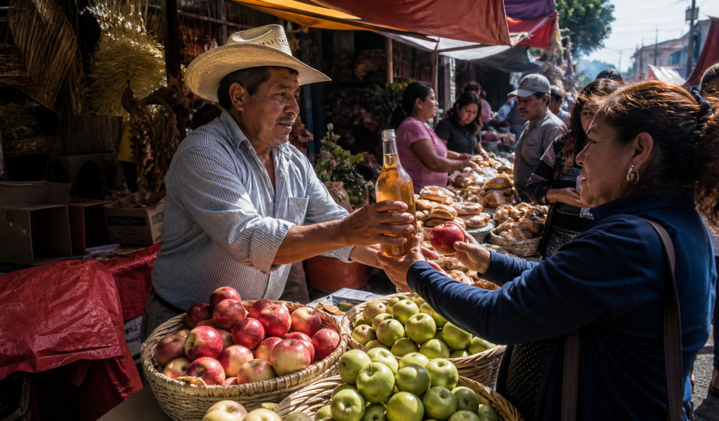 Productor de Hidalgo a punto de entregar una botella de sidra y manzanas a una vecina en un mercado al aire libre de Gustavo A. Madero, con cajas y artesanías al fondo.