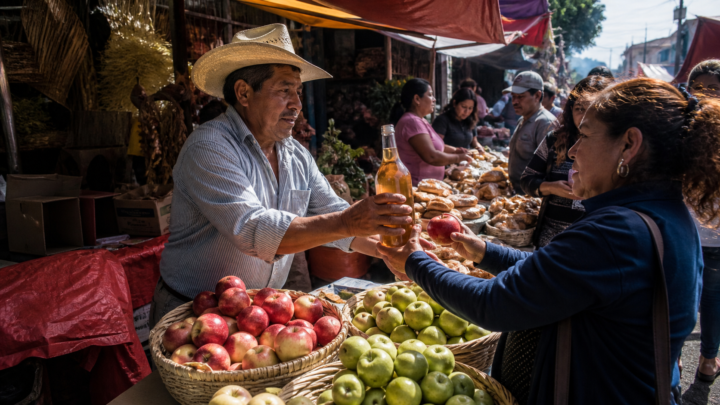 Productor de Hidalgo a punto de entregar una botella de sidra y manzanas a una vecina en un mercado al aire libre de Gustavo A. Madero, con cajas y artesanías al fondo.