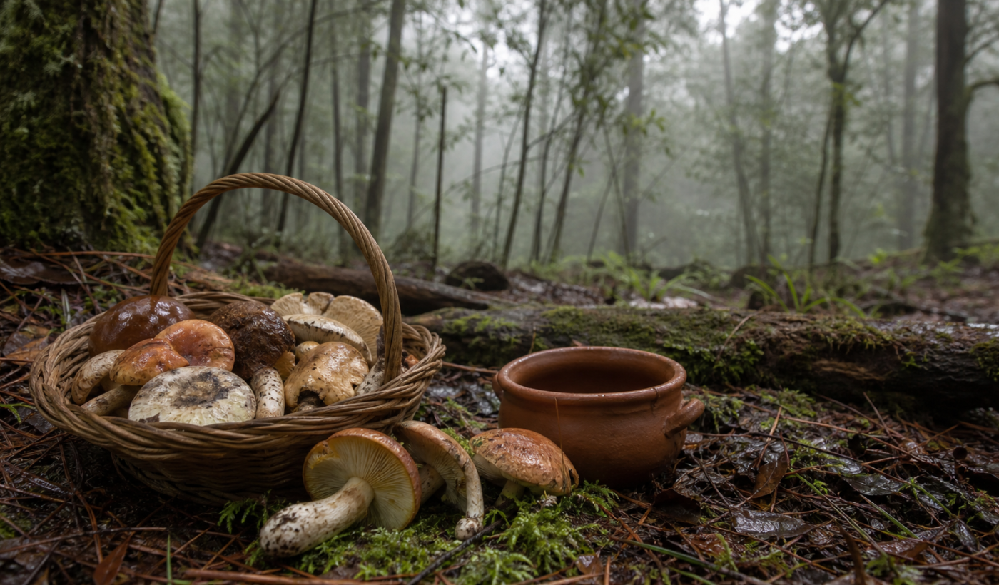 Hongos silvestres en una canasta sobre el suelo de un bosque húmedo de pinos y encinos.