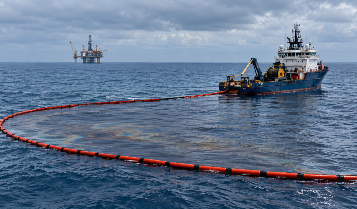 Embarcación y barreras de contención durante una operación de respuesta en el mar
