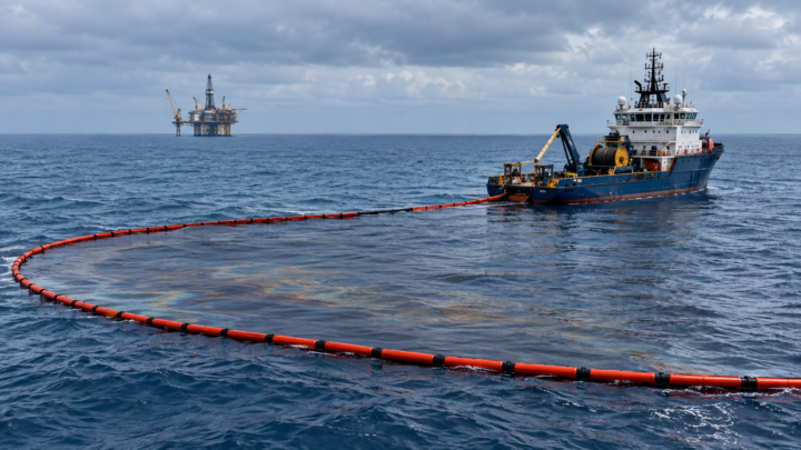 Embarcación y barreras de contención durante una operación de respuesta en el mar